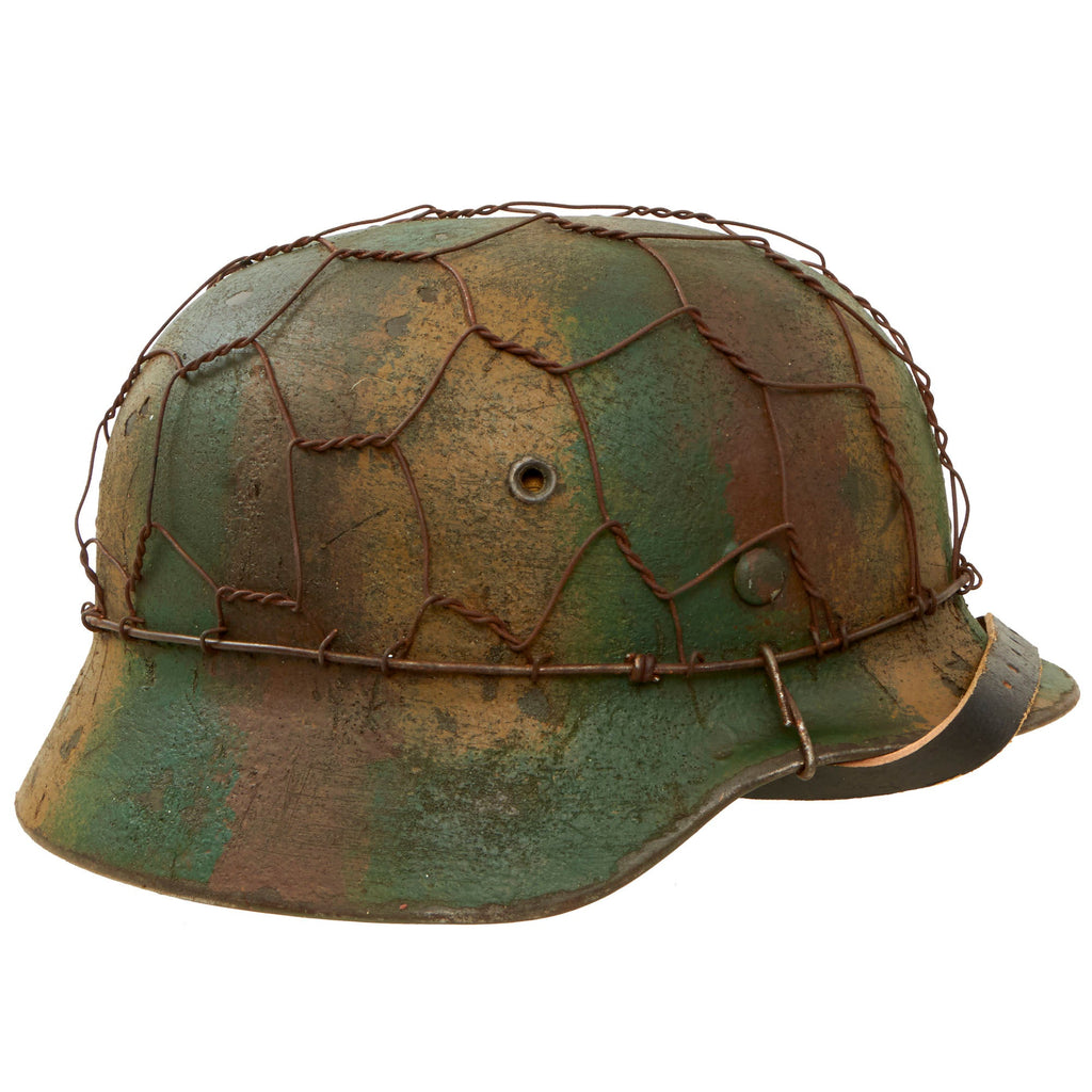 Original German WWII M40 Refurbished Chicken Wire Half Basket Normandy Camouflage SS Helmet - Stamped EF66 Original Items