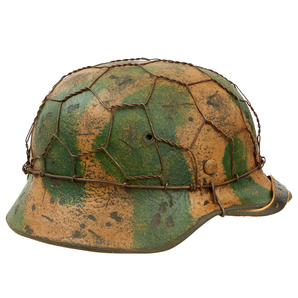 Original German WWII M40 Refurbished Rare Island Pattern Camouflage Chicken Wire Half Basket Helmet - Stamped EF64 Original Items