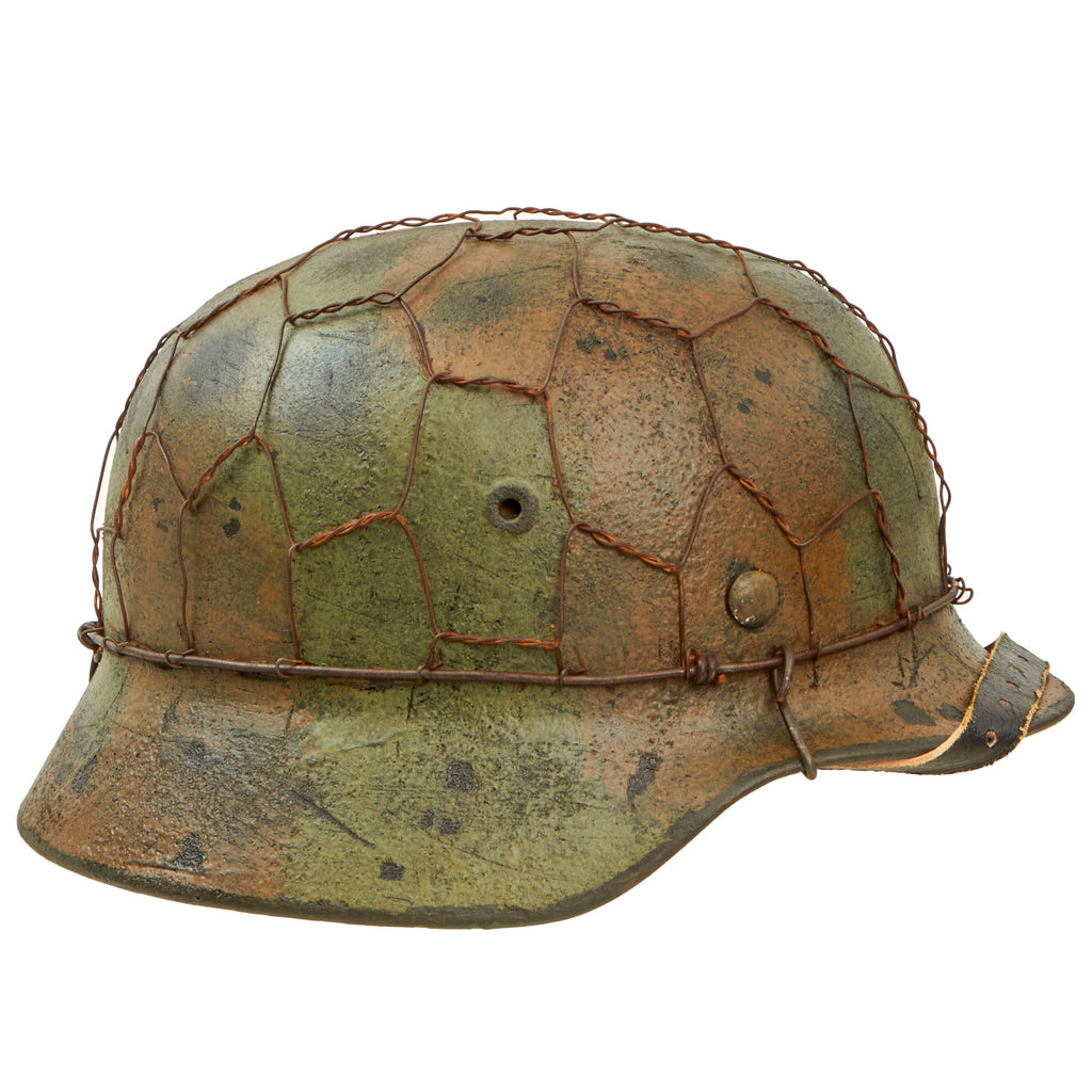 Original German WWII M40 Refurbished SS Battle of Kharkov Chicken Wire Half Basket Camouflage Helmet - Stamped EF64 Original Items