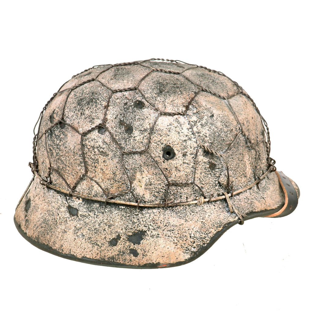 Original German WWII M40 Refurbished Chicken Wire Half Basket Winter Normandy Camouflage SS Helmet - Stamped EF64 Original Items