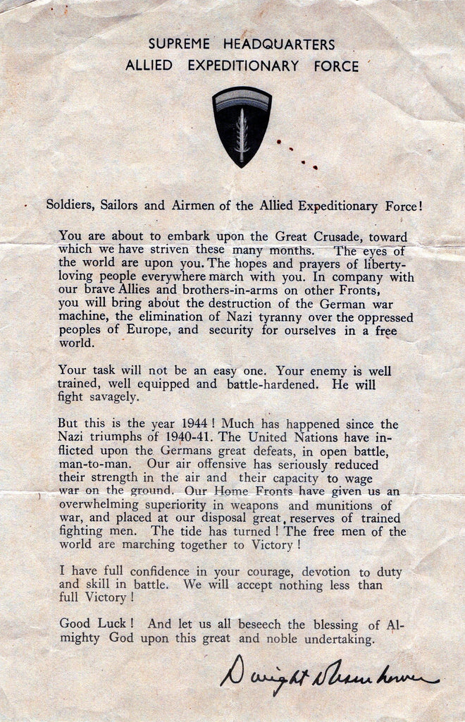 Original U.S. WWII SHAEF Eisenhower Letter Sent to the Troops Before D-Day Original Items
