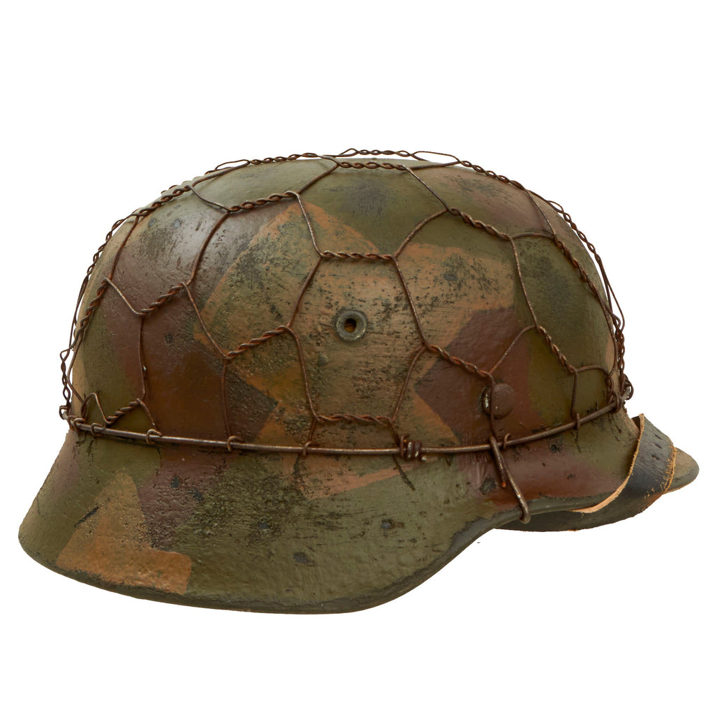 Original German WWII M40 Refurbished Chicken Wire Half Basket Normandy Splinter Camouflage SS Helmet - Stamped EF66 Original Items