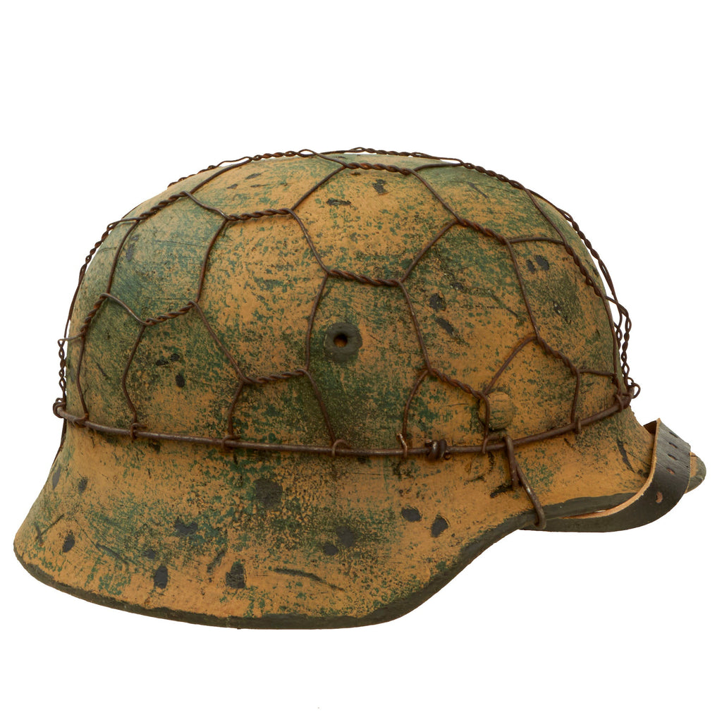 Original German WWII M40 Refurbished SS Southern Russian Front Chicken Wire Half Basket Camouflage Helmet - Stamped EF64 Original Items
