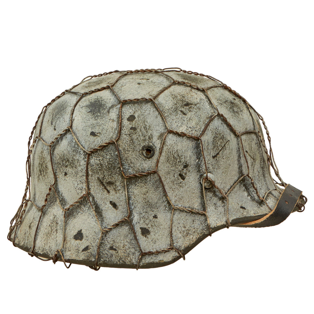 Original German WWII M40 Refurbished Chicken Wire Winter Normandy Camouflage SS Helmet - Stamped EF66 Original Items