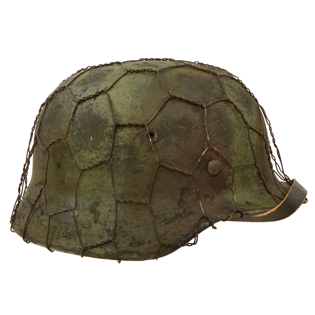 Original German WWII M40 Refurbished Normandy Camouflage Chicken Wire Full Basket SS Helmet - Stamped EF66 Original Items