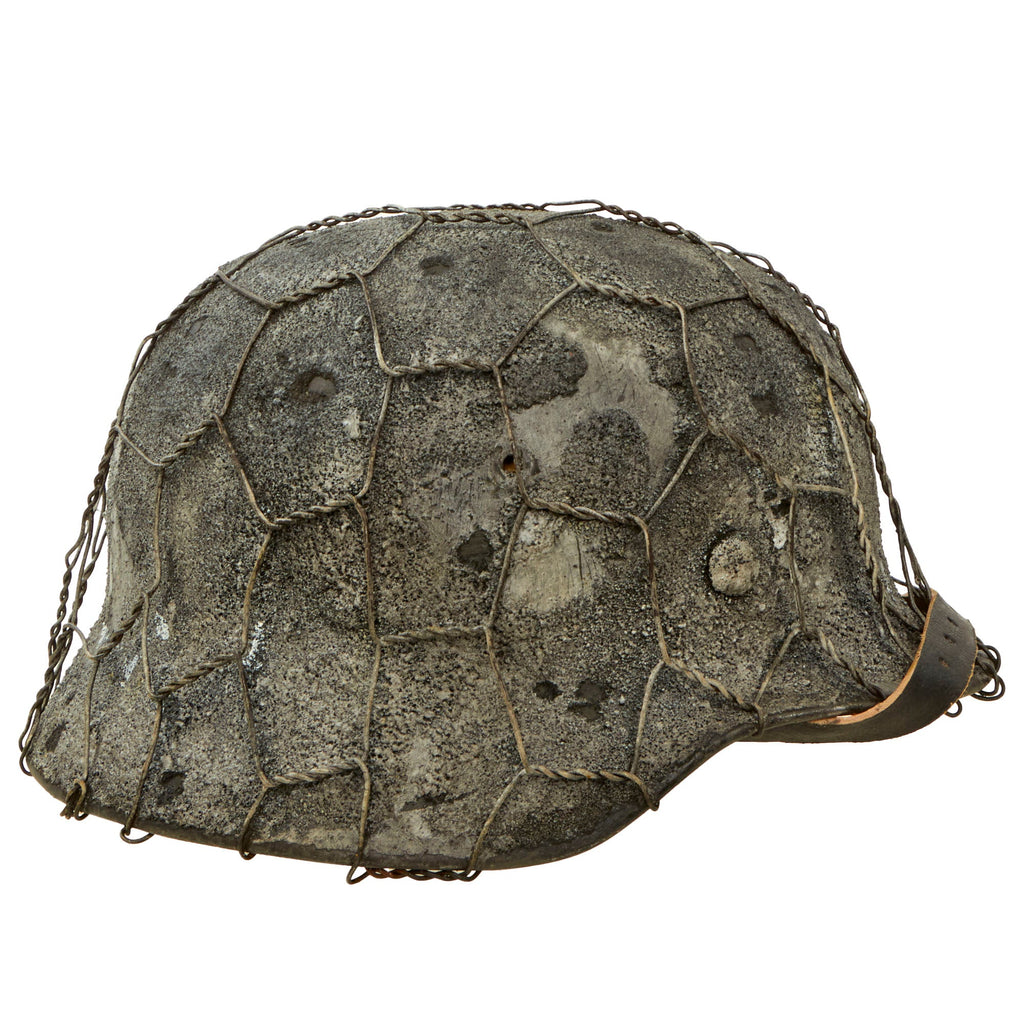 Original German WWII M40 Refurbished SS Late Winter Textured Camouflage Chicken Wire Helmet - Stamped EF64 Original Items