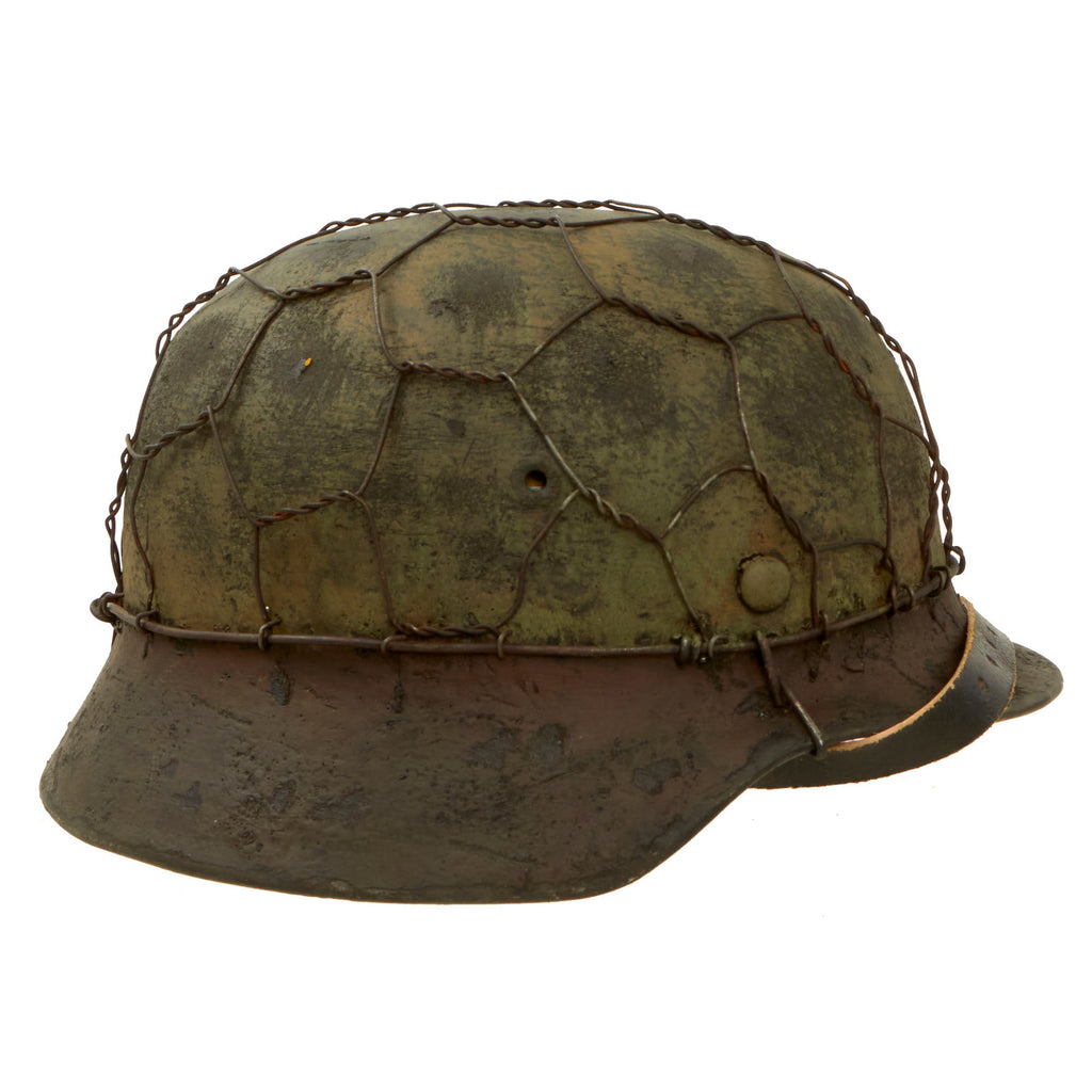 Original German WWII M40 Refurbished 16th SS Division at Anzio Italian Front Camouflage Chicken Wire Helmet - Stamped EF64 Original Items