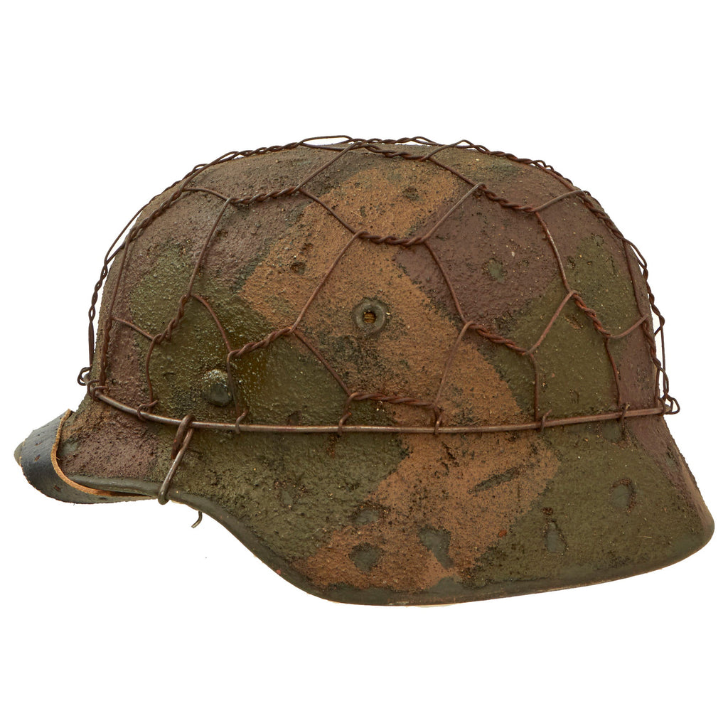Original German WWII M40 Refurbished 3rd Pz. Gren. Division 1944 Textured Italian Splinter Camouflage Chicken Wire Helmet - Stamped EF66 Original Items
