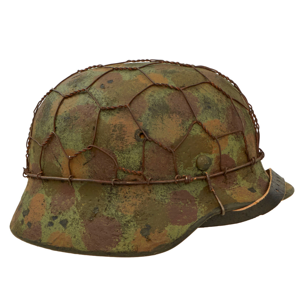 Original German WWII M40 Refurbished Normandy Camouflage Chicken Wire Half Basket SS Helmet - Stamped EF66 Original Items