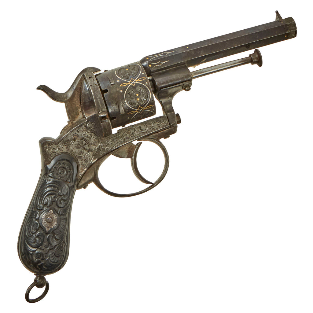 Original Belgian Engraved 9mm Pinfire Double Action Revolver Serial 232662 with Silver and Gold Inlay and Carved Grips - c. 1860 Original Items
