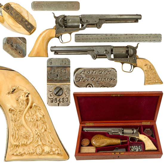 Original U.S. Gustave Young Factory Engraved Colt Model 1851 Navy .36cal Percussion Revolver with Mexican Eagle Carved Ivory Grip in Custom Case with Accessories - Serial 96430 Original Items