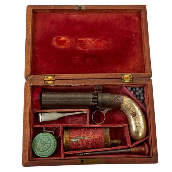Original 19th Century European J.R. Cooper Style Underhammer Pepperbox Percussion Revolver in Custom Case with Accessories - circa 1845 Original Items