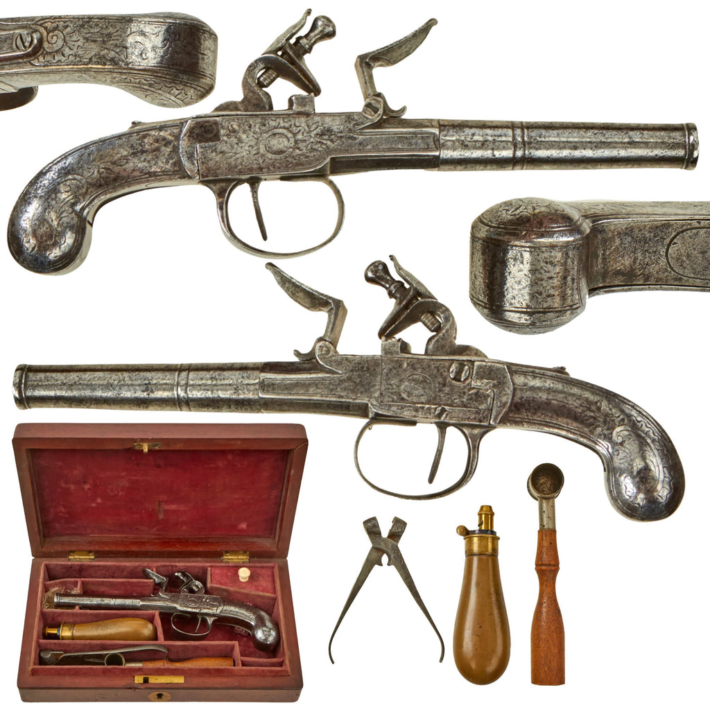 Original Scottish All Steel Flintlock Box-lock Rifled Pocket Pistol in Custom Wood Case with Accessories - Circa 1820 Original Items
