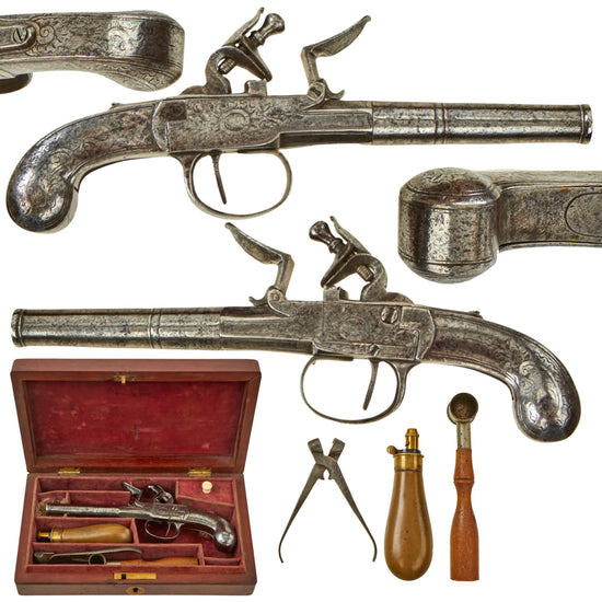 Original Scottish All Steel Flintlock Box-lock Rifled Pocket Pistol in Custom Wood Case with Accessories - Circa 1820 Original Items