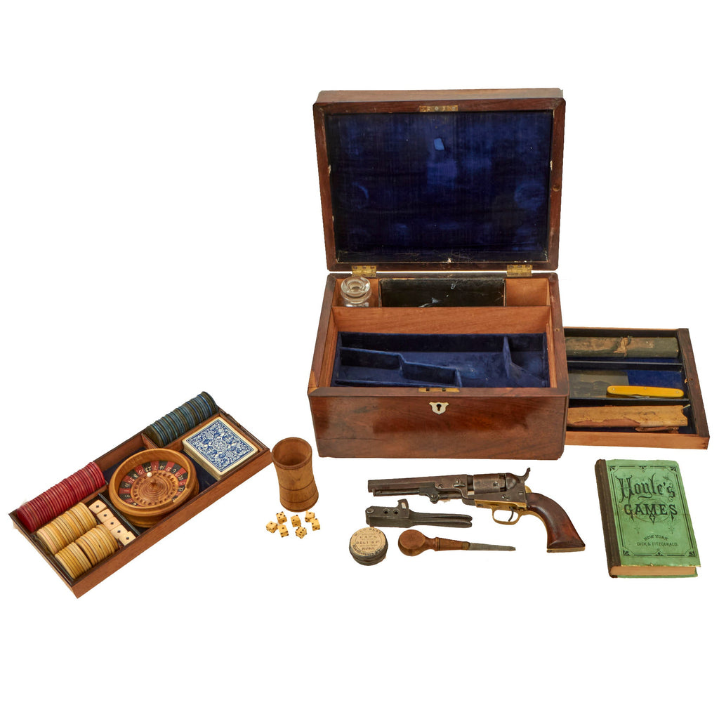 Original U.S. Wild West Era Cased Gambling Set with Poker Chips, Cards, Dice, Miniature Roulette Wheel, Colt M1849 Pocket Revolver Serial 96411, and Lots of Accessories Original Items