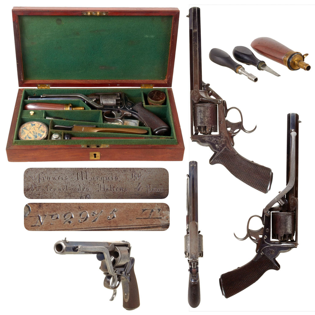 Original British Tranter 54 Bore 2nd Model "Treble Action" Engraved Percussion Revolver Serial 2975T in Custom Case with Accessories - Circa 1857 Original Items