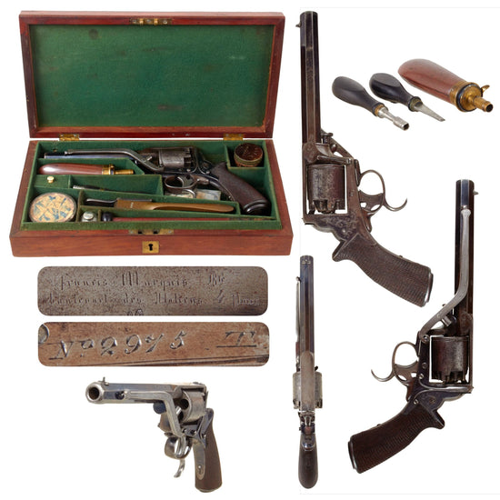 Original British Tranter 54 Bore 2nd Model "Treble Action" Engraved Percussion Revolver Serial 2975T in Custom Case with Accessories - Circa 1857 Original Items