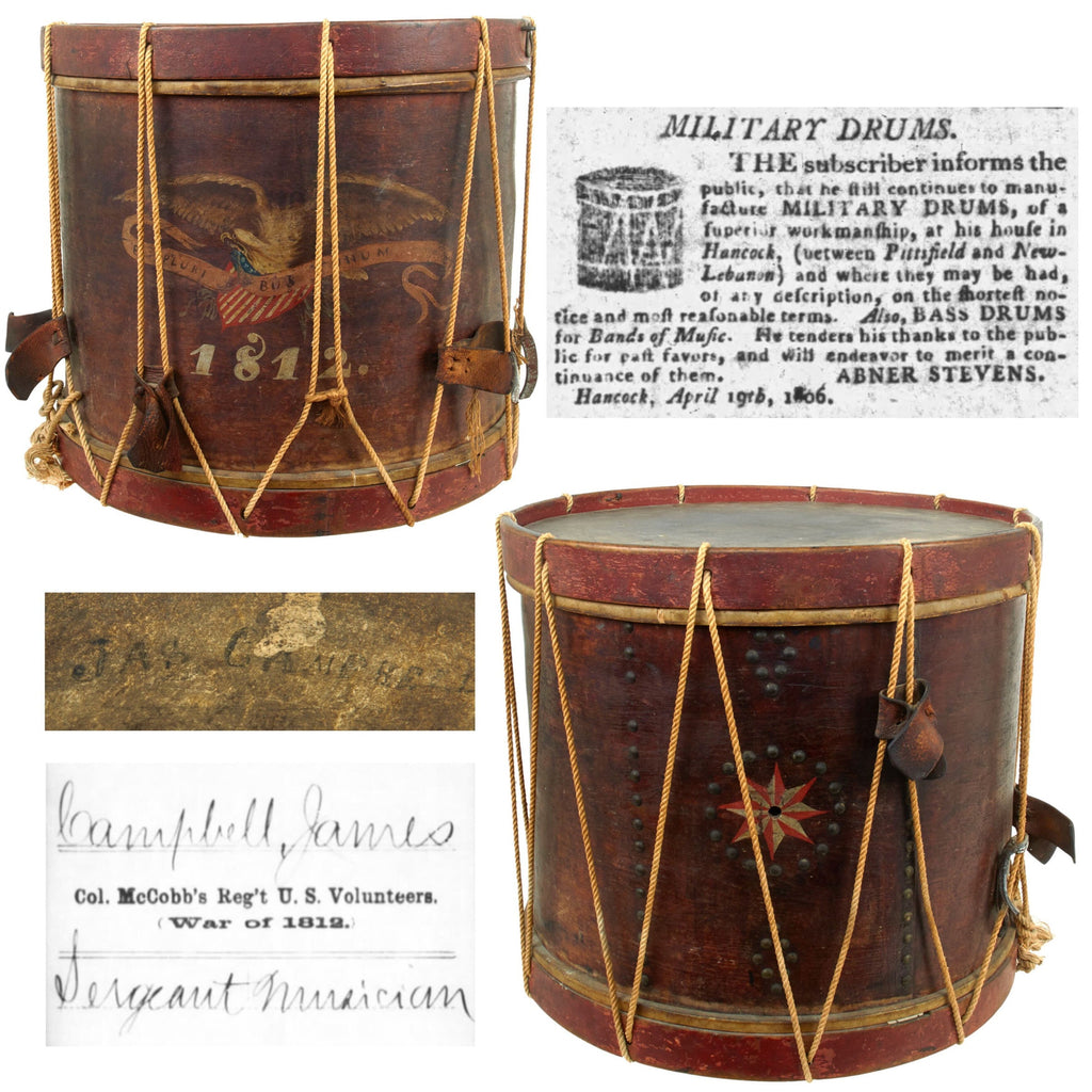 Original U.S. War of 1812 Named & Painted Military Field Drum by Abner Stevens of Pittsfield, Massachusetts with Partial Maker’s Label on Interior - Dated 1812 Original Items