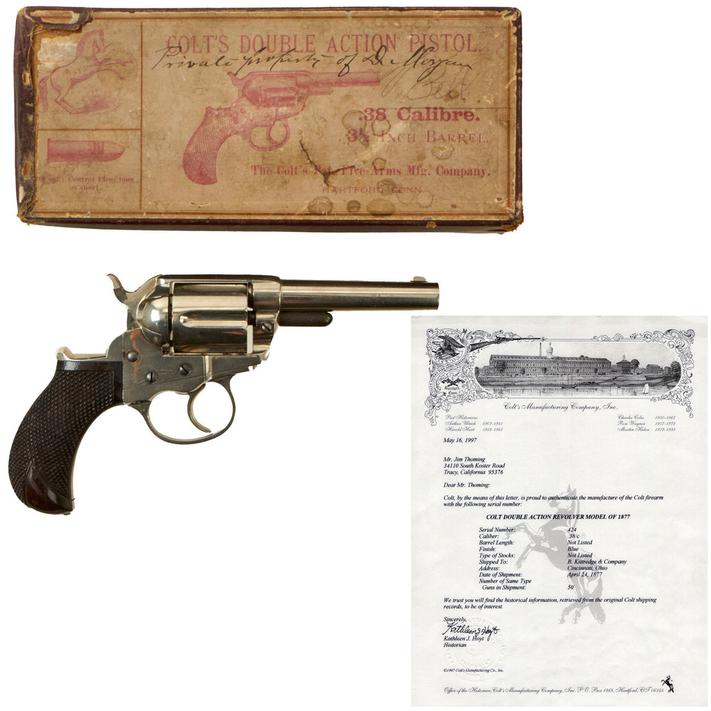 Original Early U.S. B. Kittredge & Co. Marked Colt M1877 .38cal Lightning 3 ½" Bbl. Revolver Made in 1877 with Factory Letter and Original Box - Serial 424 Original Items