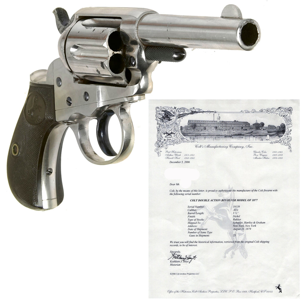 Original U.S. Colt Nickel Plated M1877 .41cal Thunderer 3 ½" Barrel Revolver Made in 1879 with Factory Letter - Matching Serial 19139 Original Items
