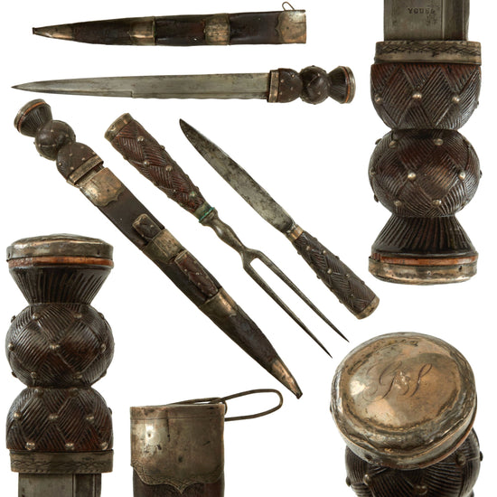 Original British Late 18th Century Scottish Dirk with Intricate Silver-Mounted Wooden Grip & Scabbard with Matching Fork & Knife by Young Original Items