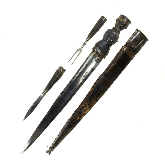 Original British Early 19th Century Scottish Dirk with Steel-Mounted Sharkskin Grip & Original Intricate Scabbard with Thistle-Shaped Drag & Matching Fork & Knife Original Items