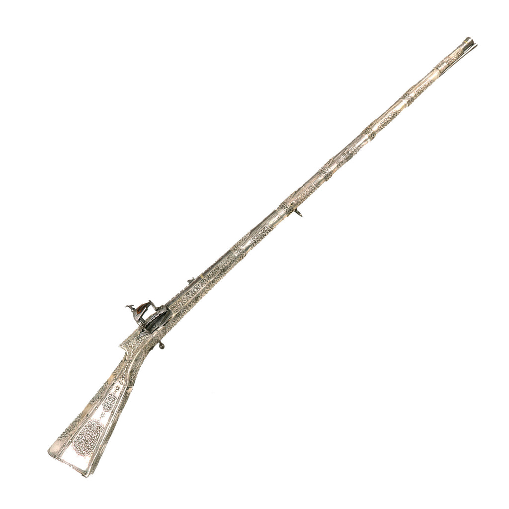 Original Magnificent Ottoman Empire Miquelet Lock Embossed Silver Clad Shishana Musket with Ball Trigger - circa 1780 Original Items