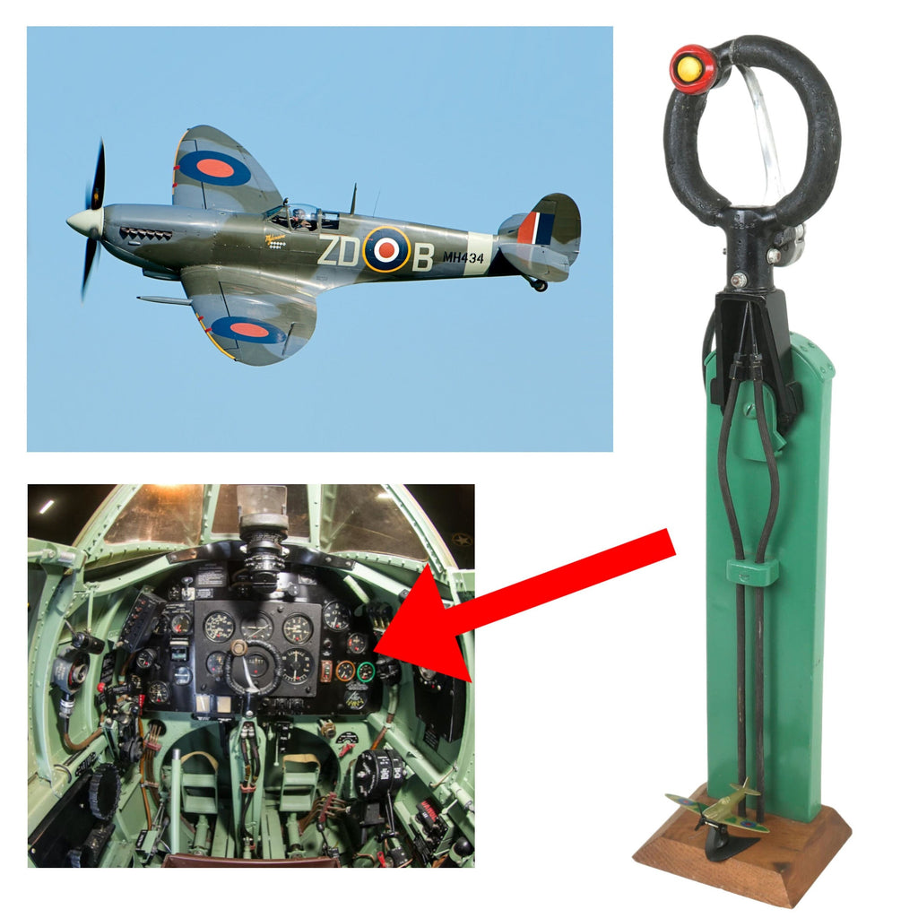 Original British WWII RAF Supermarine Spitfire Aircraft Control Stick Yoke with Reproduced Housing & Wiring on Functional Display Board with Small Model Original Items
