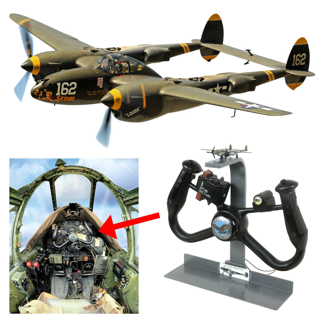 Original U.S. WWII Lockheed P-38 Lightning Steering Control Yoke Mounted on Display Stand with Small Model Original Items