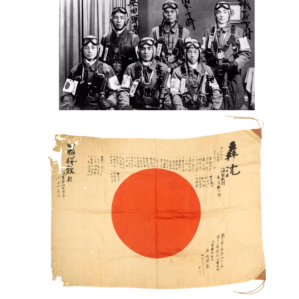 Original Japanese WWII Kamikaze Unit-Signed National Flag with Squad Members Names Listed & Page of Translations - 27½" x 38½" Original Items