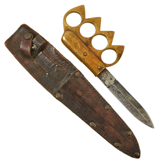Original New Zealand WWII Brass Knuckle Theater-Made Fighting Knife Inspired by BC-41 with Leather Sheath by W.J. Lee of Rakaia Original Items