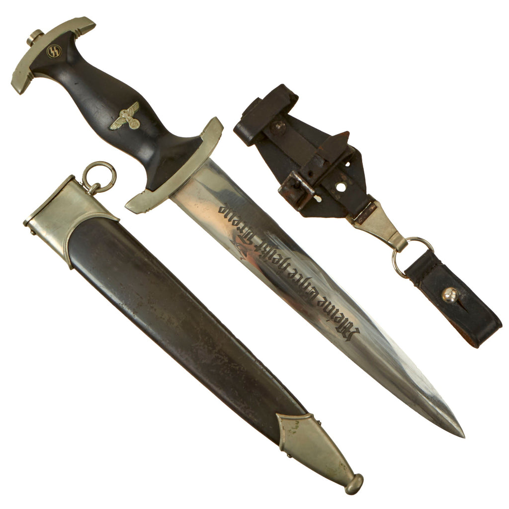Original German WWII Excellent Early M33 SS Dagger by Heinrich Böker & Co. with Scabbard & Rare Vertical Leather Hanger Original Items