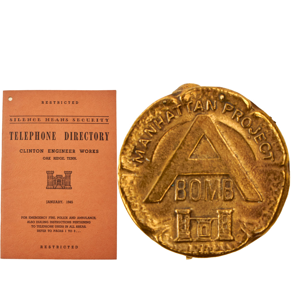 Original U.S. WWII Manhattan Project Clinton Engineer Works Telephone Directory & Project A Bomb Bronze Workers Pin - Dated January 1945 Original Items