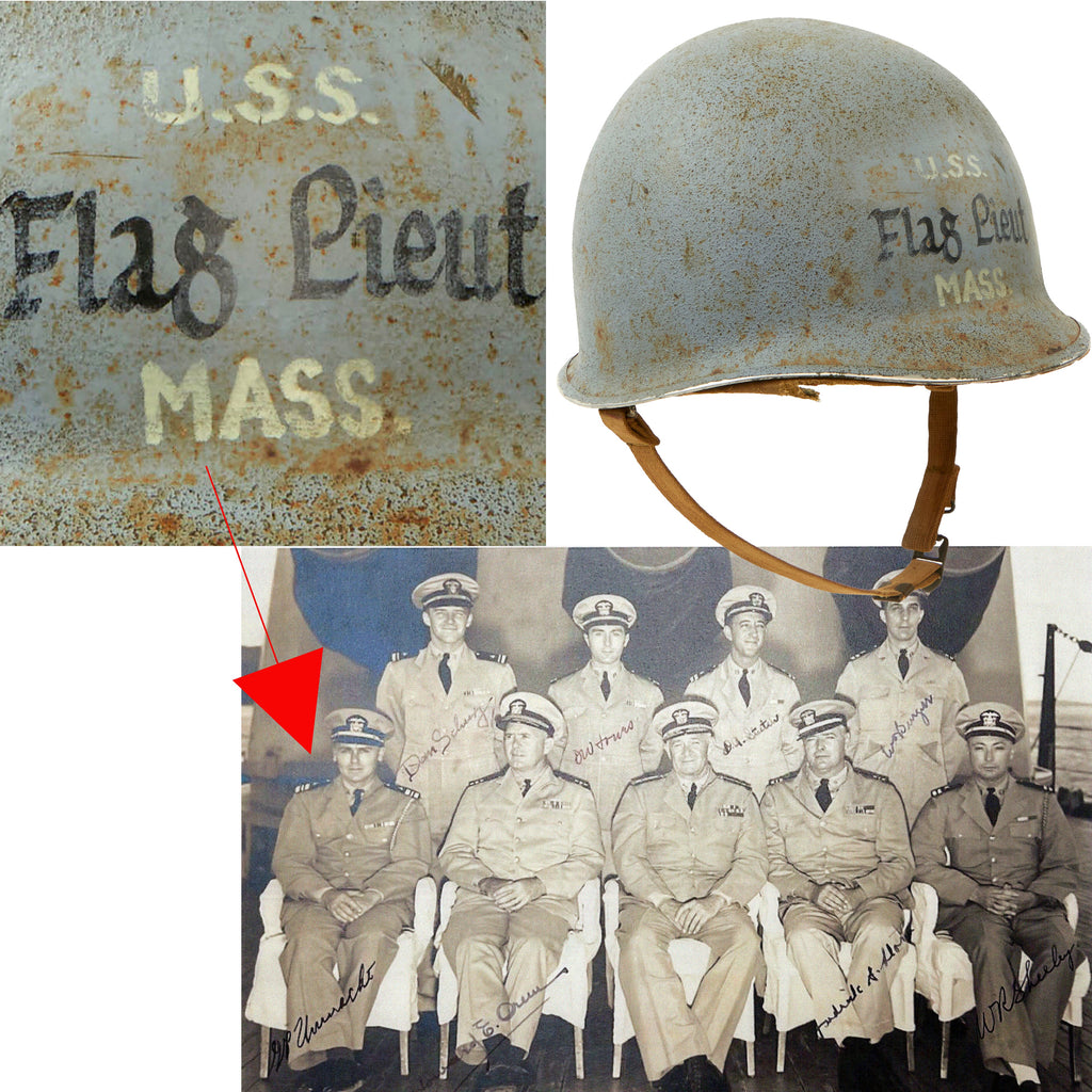 Original WWII Operation Torch U.S. Navy Helmet of Flag Lieutenant George P. Unmacht - USS Massachusetts Original Items