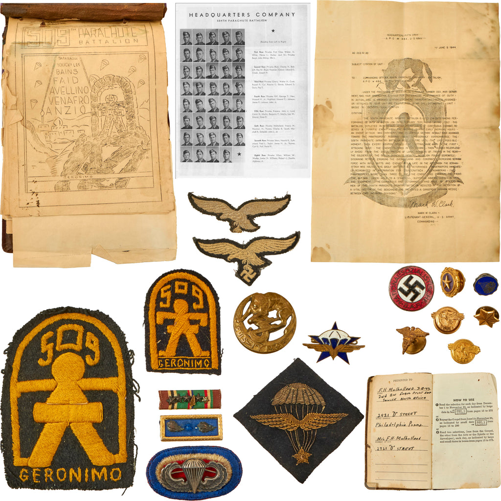 Original U.S. WWII 509th Parachute Infantry Regt. “Geronimo” Grouping from T/5 F.H. Mulholland; Includes Rare Italian-Made 509th Jacket & Beret Patches, Free French Jump Wings, 3rd Rgt Zouave Badge, Archive of Orders & More Original Items