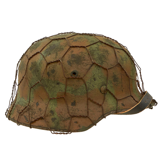 Original German WWII M40 Refurbished SS Battle of Kharkov Chicken Wire Camouflage Helmet - Stamped Q66 Original Items