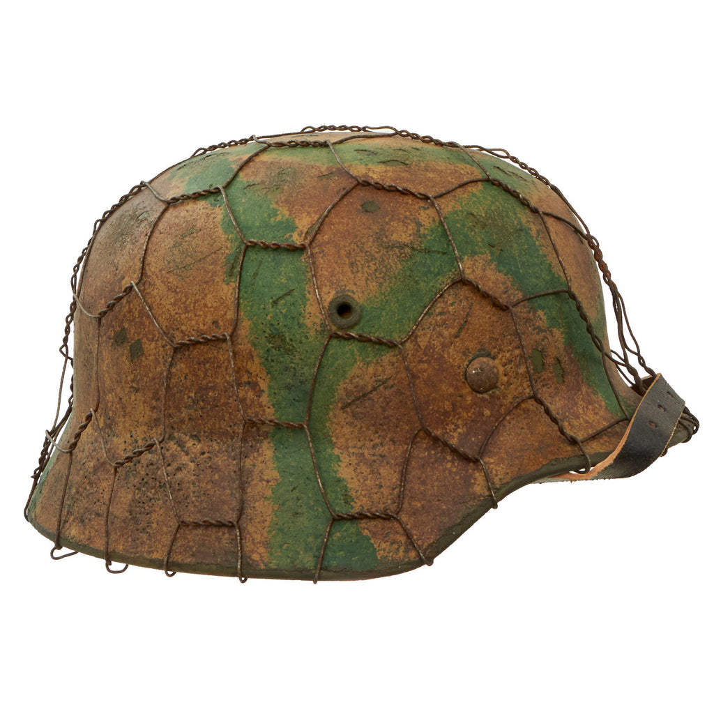 Original German WWII M40 Refurbished 1st SS LAH 1943-44 Tan Italian Camouflage Chicken Wire Helmet - Stamped Q66 Original Items