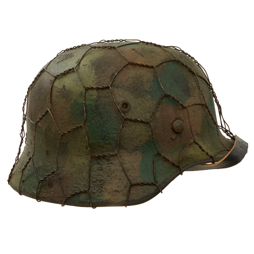 Original German WWII M40 Refurbished 12th SS Panzer HJ at Caan & Falaise Chicken Wire Camouflage Helmet - Stamped EF64 Original Items