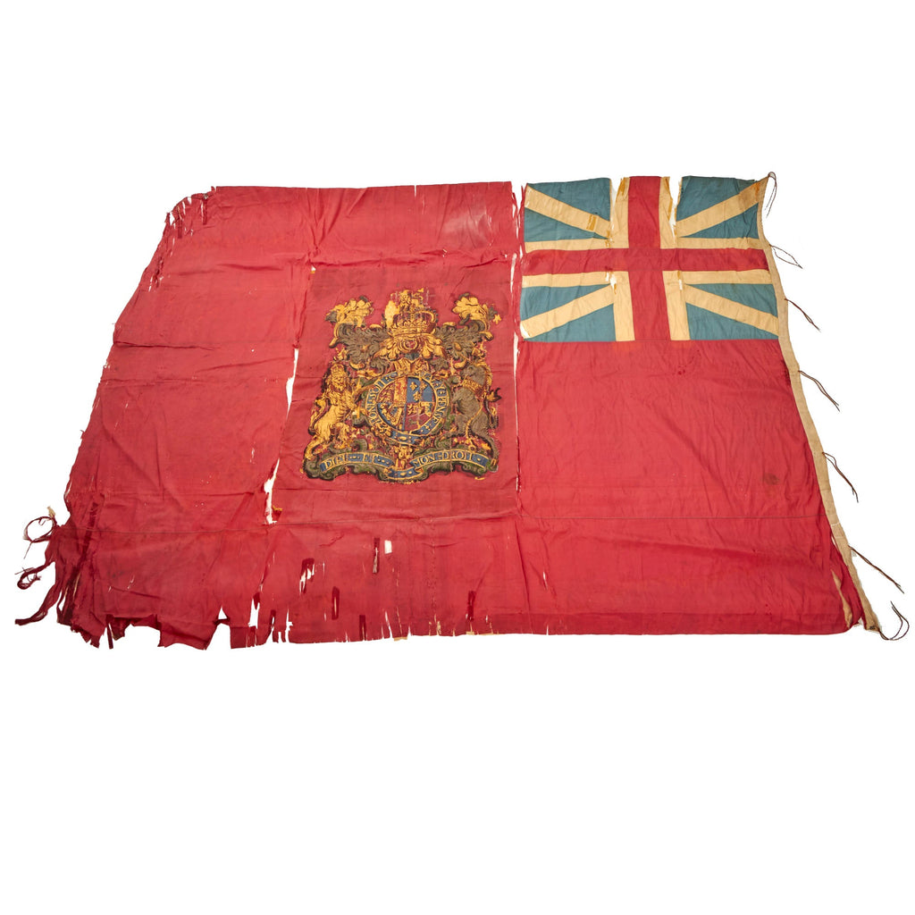 Original British American Revolutionary War Era Ensign Flag with Hand-Painted King George III Heraldry & Pre-1801 Union Jack - Attributed to Royal Northumberland Fusiliers Formerly 5th Regiment of Foot Circa 1775 - 64 x 84” Original Items