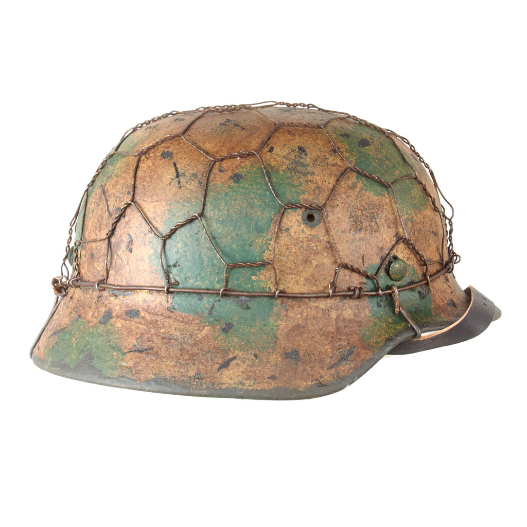 Original German WWII M40 Refurbished Textured Normandy Camouflage Chicken Wire Half-Basket SS Helmet - Stamped EF66 Original Items