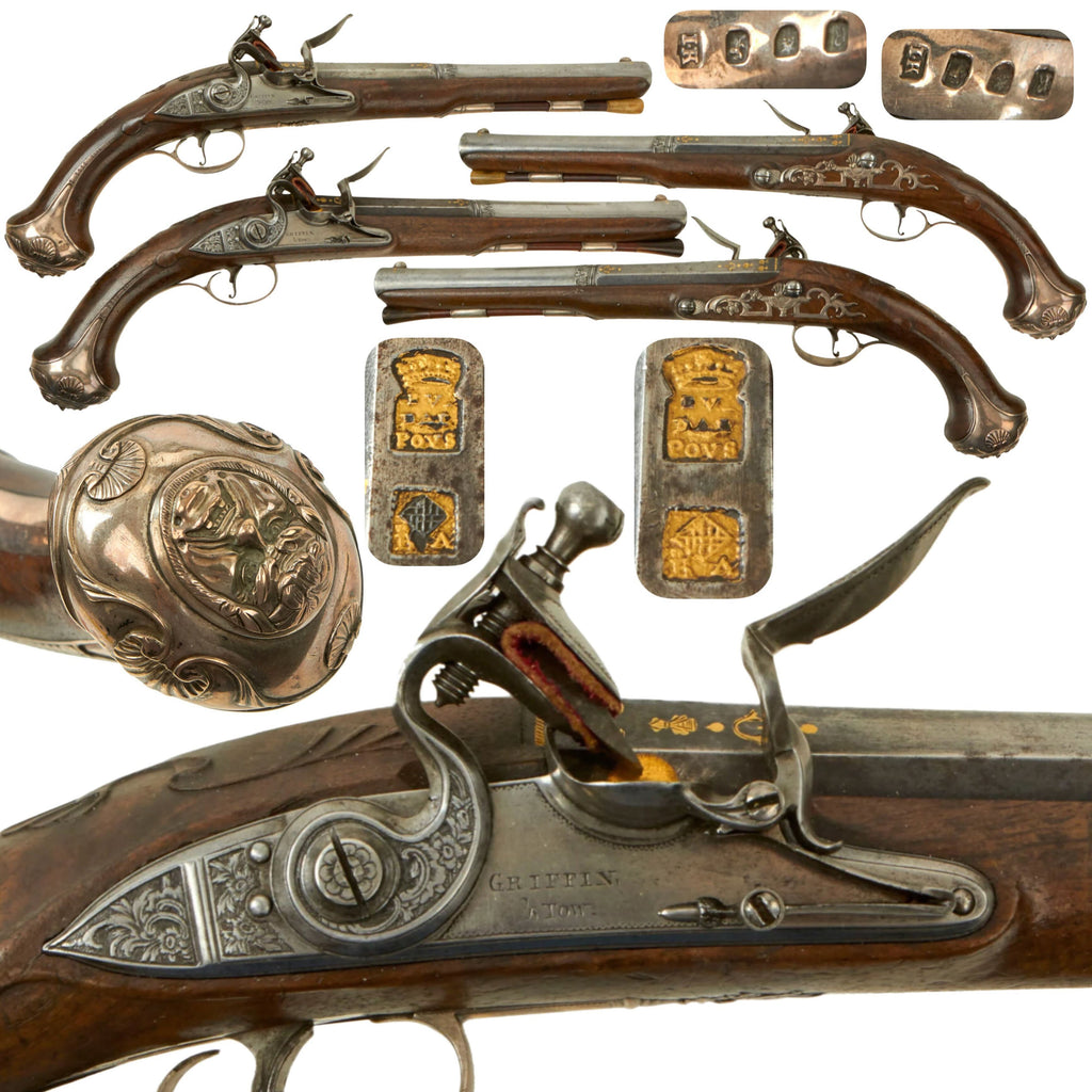 Original British 1772 Hallmarked Silver Mounted Pair of Flintlock Pistols by Griffin & Tow with Gold Inlaid Barrels by Eudal Pous of Barcelona Spain Original Items