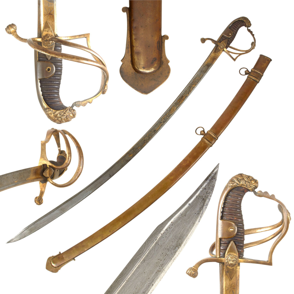 Original French Post-Napoleonic Lion’s Head Officer’s Sword with Scabbard and Gold-Inlaid & Etched Wootz Damascus Blade Original Items