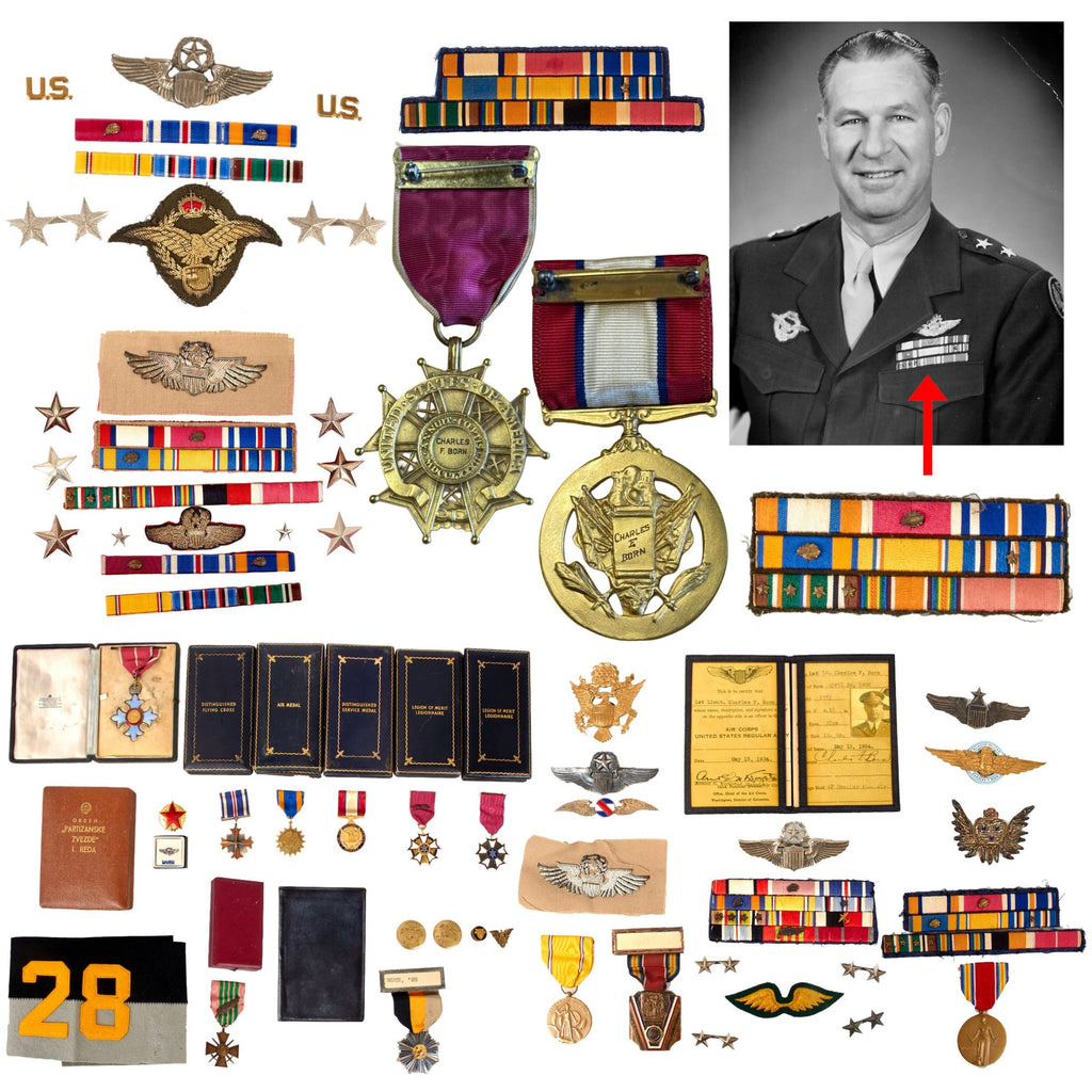 Original U.S. WWII Outstanding Medal & Ephemera Group of Air Force Major General Charles F. Born with Engraved Distinguished Service Medal & Legion of Merit and Phenomenal Tailor-Made Ribbon Bars - Records of Military Service Original Items