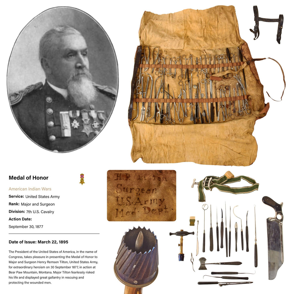 Original U.S. Indian Wars Battle of Bear Paw Medal of Honor Recipient 7th Cavalry Surgeon Henry Remsen Tilton’s Doeskin Surgical Medical Tool Roll with 75 Retained Tools Including Bonesaw and Trepanation Reamer Original Items