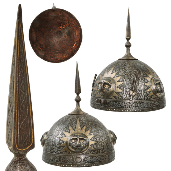 Original Magnificent North Indian Gold Inlaid Kulah Khud Spiked Sun Face War Helmet with Museum Catalog Tag - Circa 1725 Original Items