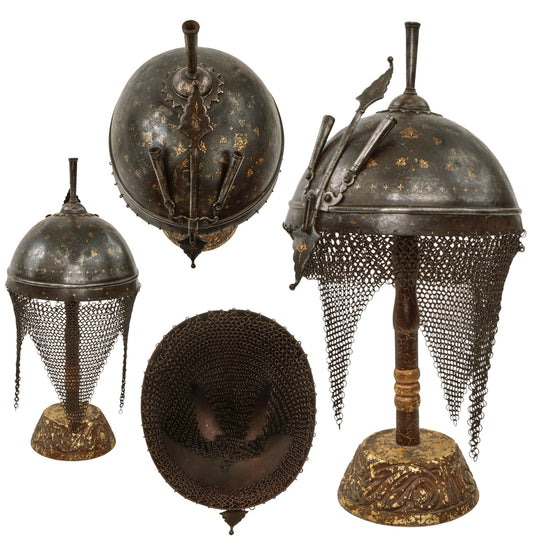 Original Magnificent Gold Inlaid & Etched Kulah Khud War Helmet with Chainmail Neck Covering and Lovely Carved Wooden Stand - 17th Century Original Items
