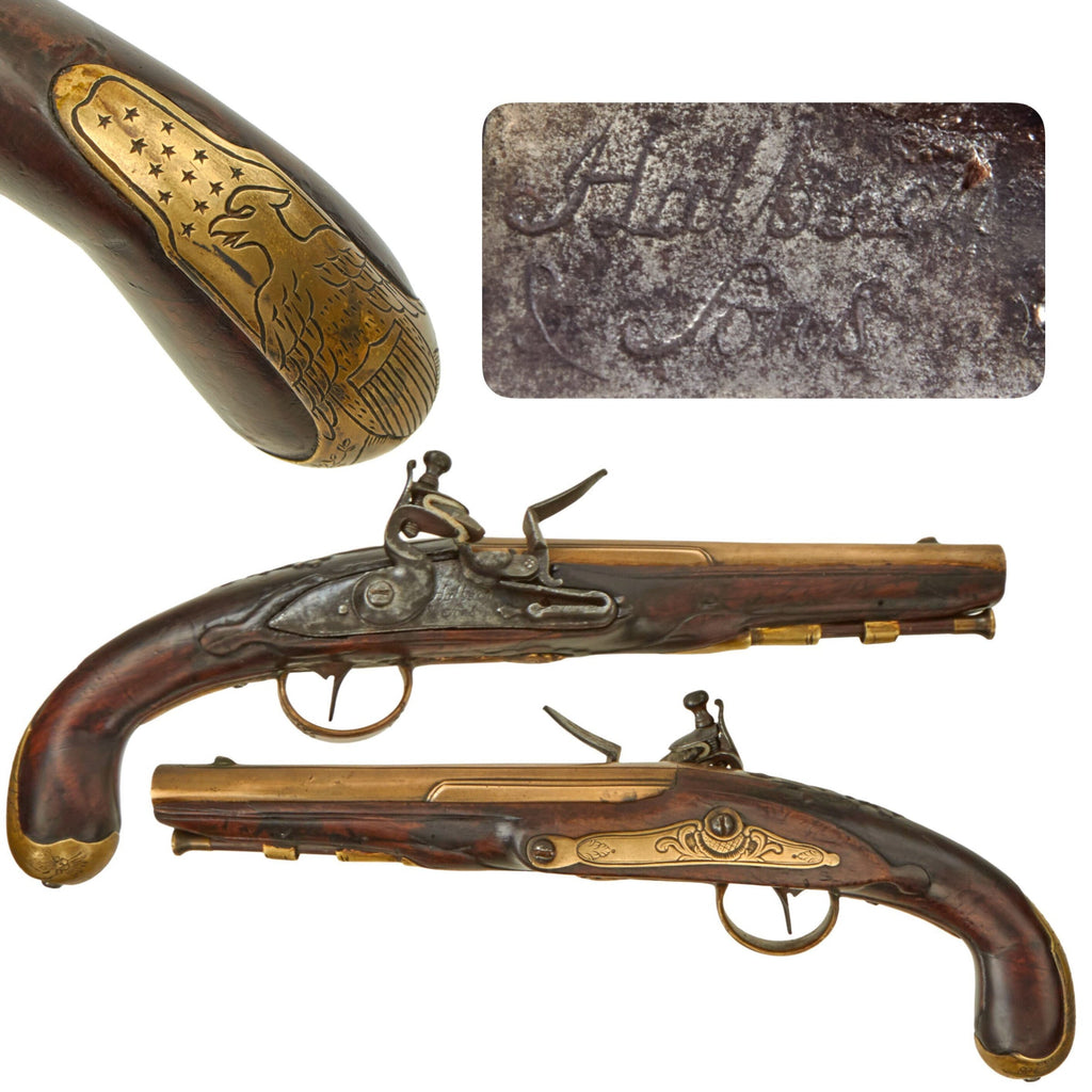 Original U.S. Colonial Brass Barrel Flintlock Pistol by Halbach & Sons with American Eagle Butt Cap - Circa 1780 Original Items