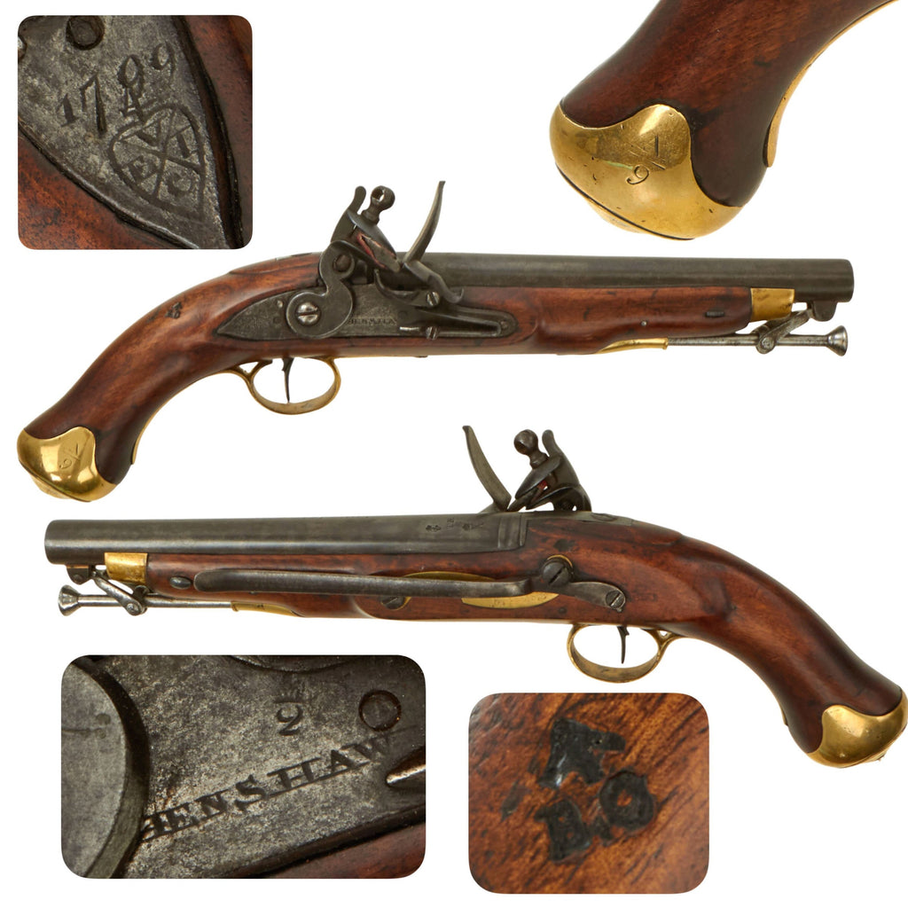 Original British East India Company Sea Service Flintlock Pistol by Henshaw Marked to East Indiaman CASTLE EDEN with Belt Hook - Dated 1799 Original Items