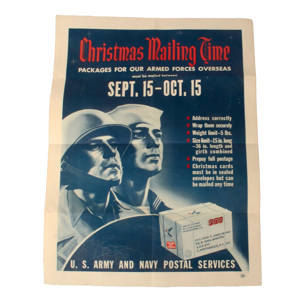 Original U.S. WWII Christmas Mailing Time Army & Navy Postal Services Poster - 21 x 28” Original Items