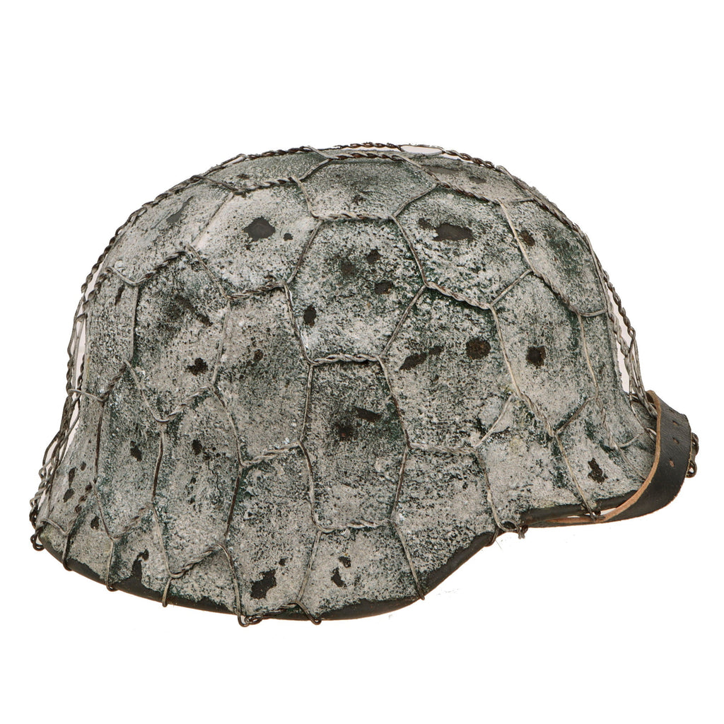 Original German WWII M40 Refurbished SS Winter Overpaint Textured Camouflage Chicken Wire Helmet - Size 66 Shell Original Items